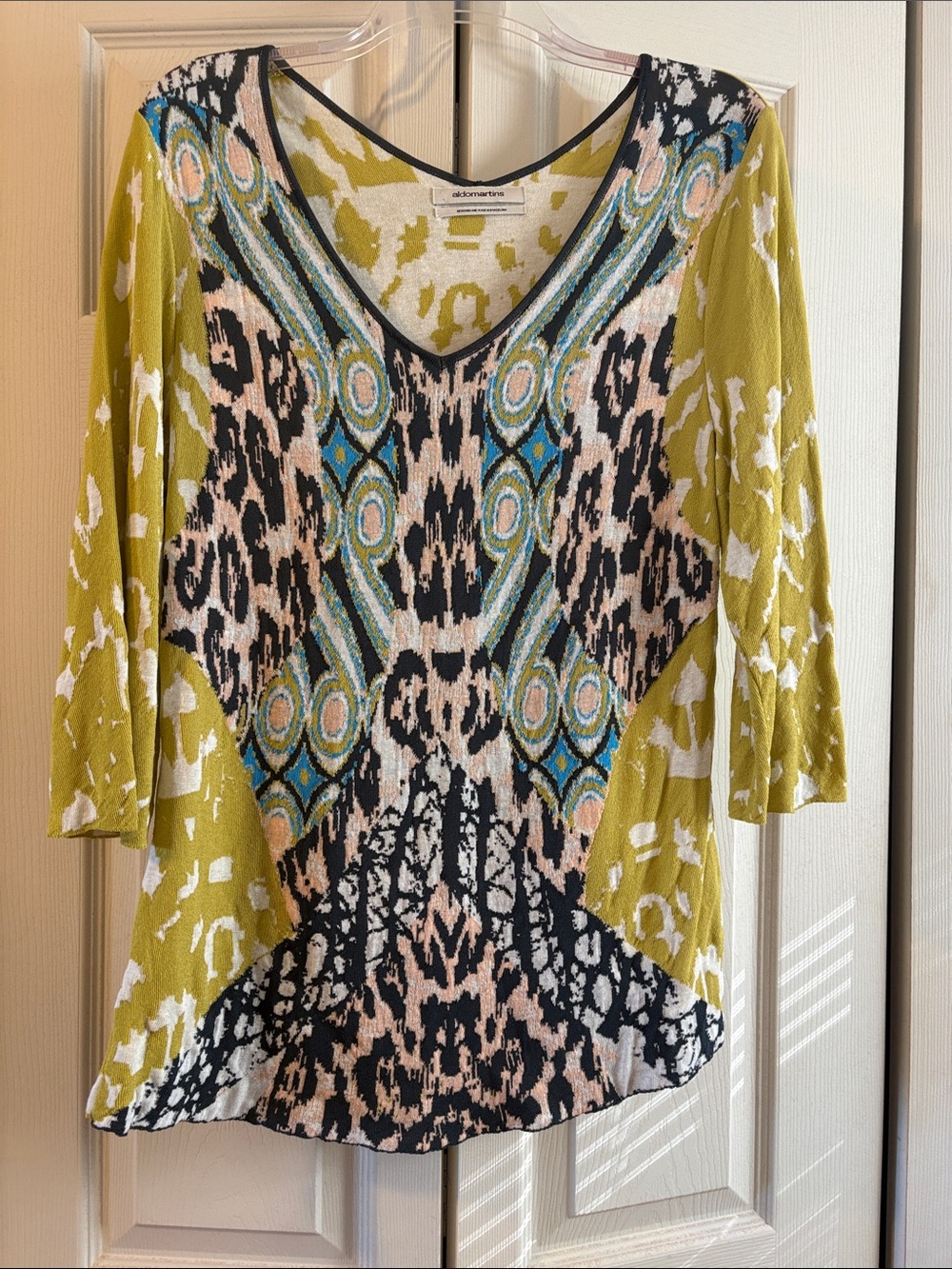 Aldo Martins Yellow-Green Multi Patterned V-Neck Long Sleeve Top